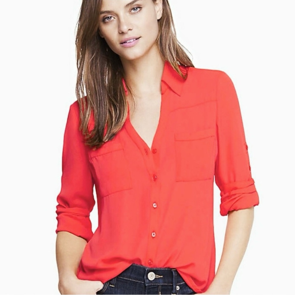 Express Vibrant Coral Button-Up Portofino Blouse Size M